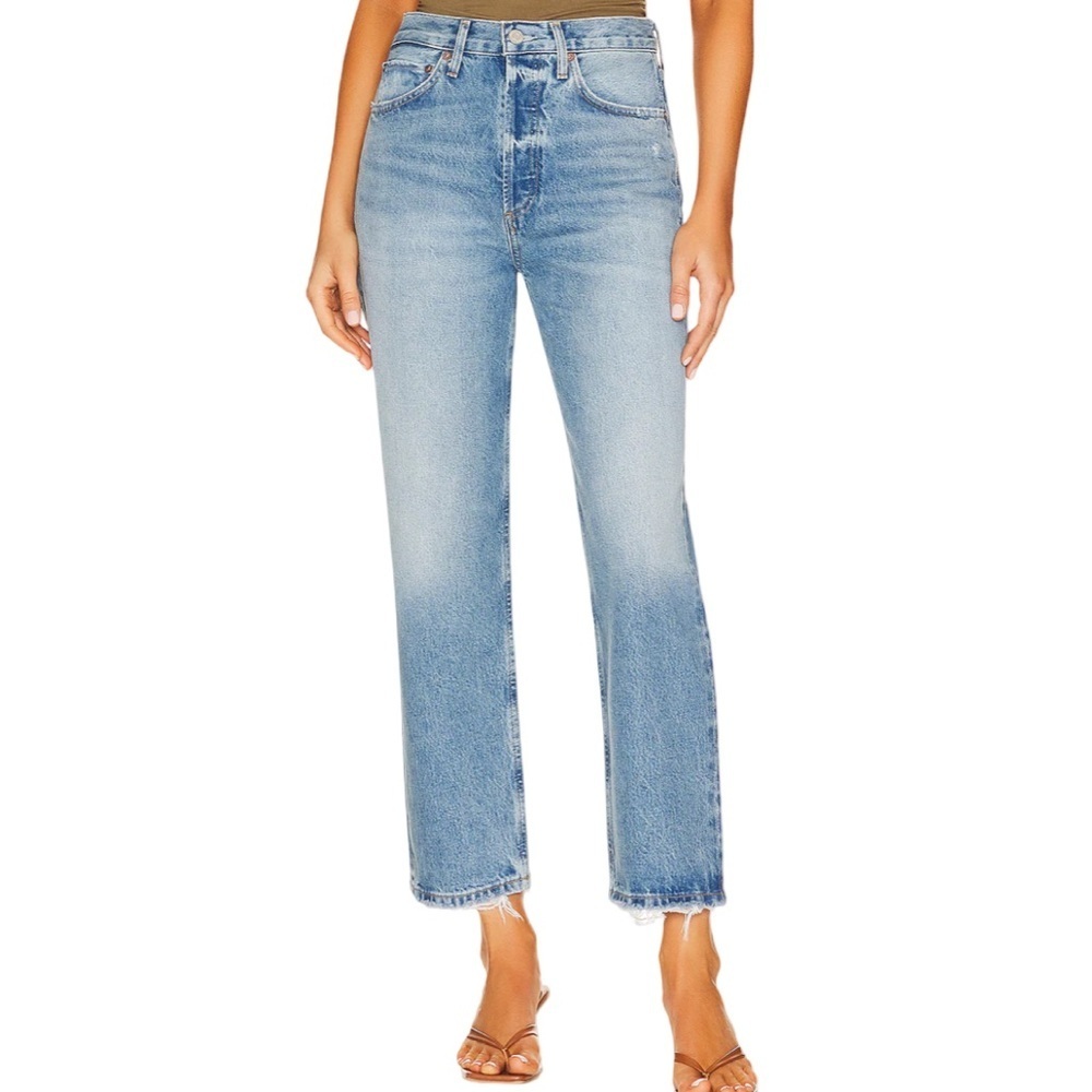 AGOLDE Riley Crop High Rise Straight Leg Medium Blue Fray Hem Denim Jean Size 28